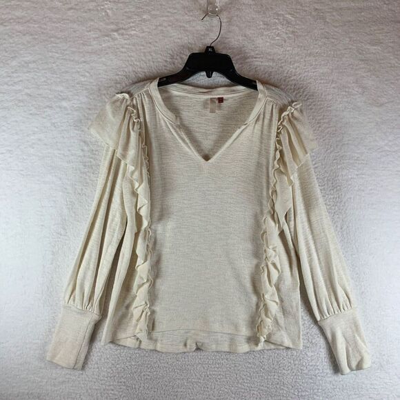 Anthropologie Sweaters - Anthropologie Pilcro Women's Ruffle Front Ivory Pullover Knit Sweater Size Small